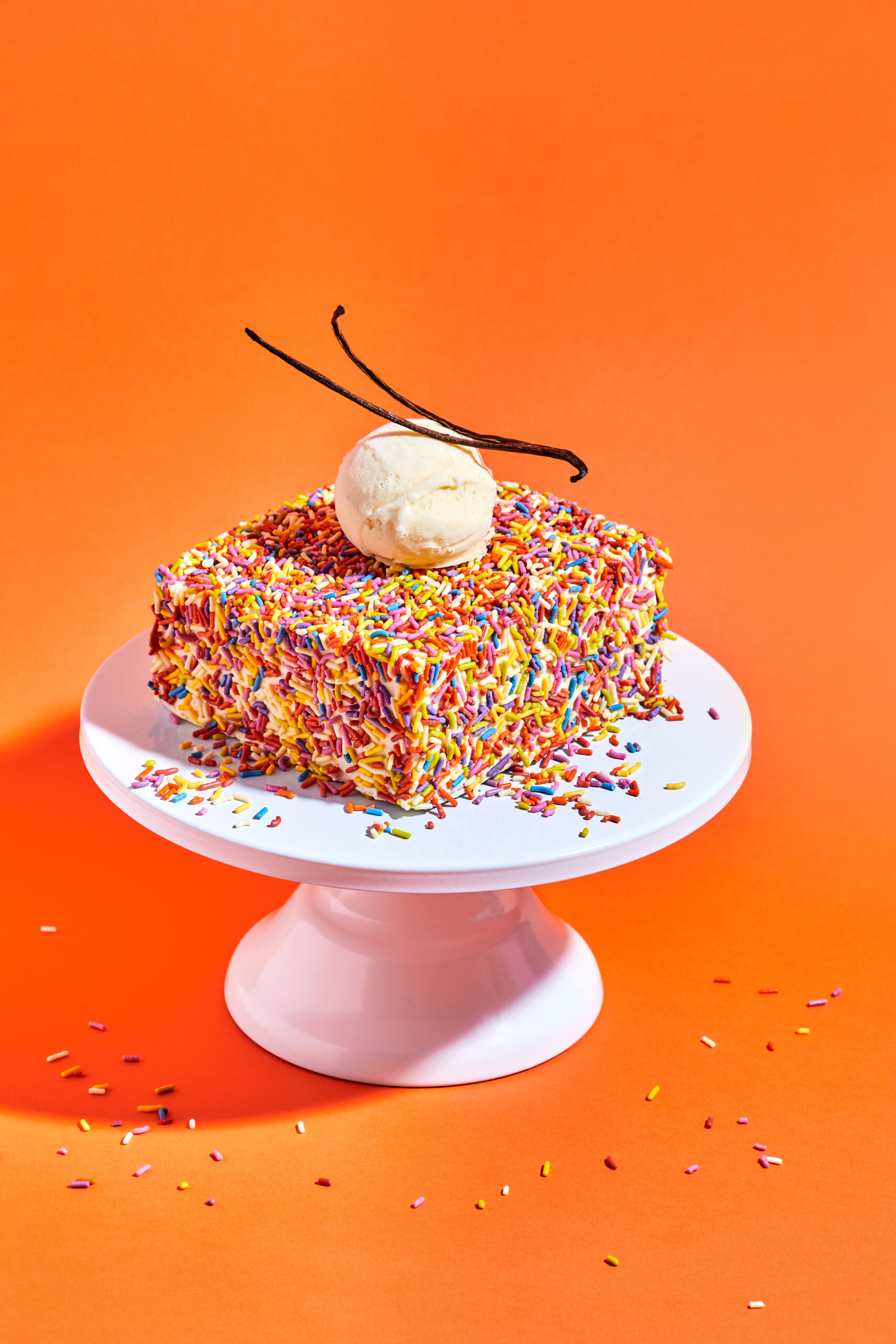 Rainbow Sprinkles Cake vanilla ice cream cake covered in rainbow sprinkles and topped with a heaping scoop of ice cream and a Madagascar vanilla bean
